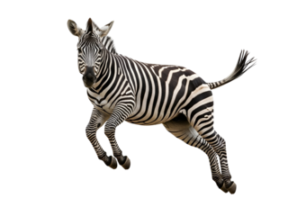 Powerful Black and White Striped Zebra Leaping Mid-Air, captured in an energetic pose, isolated on transparent background for dynamic design.