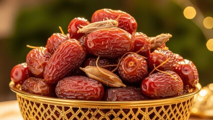 Delicious dates in a gold bowl on a wooden table
