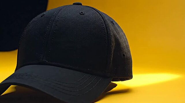 Close-up of a black baseball cap on a bright yellow background, studio shot.