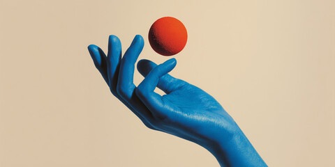 Vivid blue human hand holding red planet representing responsibility on pale beige background