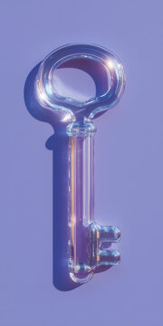 Translucent glass key glowing softly representing access through awareness on muted lavender background