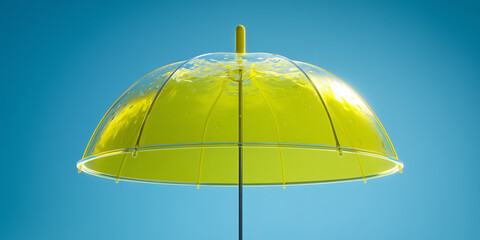 Transparent glass umbrella filled with neon yellow light representing emotional resilience on cobalt blue background