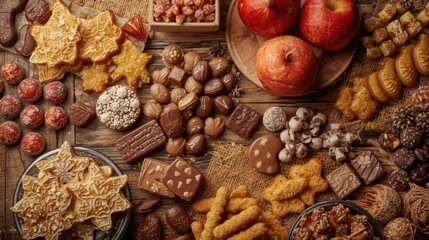 Assorted baked goods and fruits display