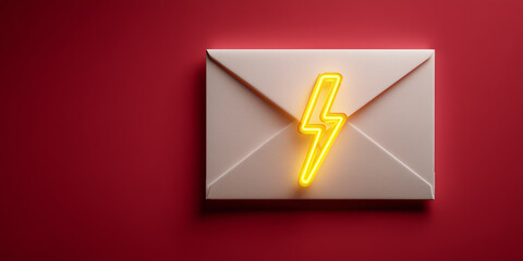White frosted glass envelope with yellow neon lightning bolt symbolizing fast communication on deep red background