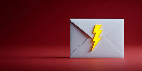 White frosted glass envelope with yellow neon lightning bolt symbolizing fast communication on deep red background