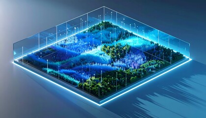 Digital landscape within glass box, stylized mountains & trees