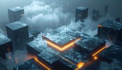 Abstract cityscape of marble blocks with neon accents, shrouded in mist