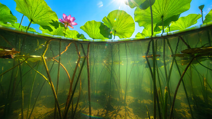 Stunning split-level view capturing vibrant pink lotus flower blooming above clear water while submerged stalks reach towards bright sunlight beneath lush green lily pads.