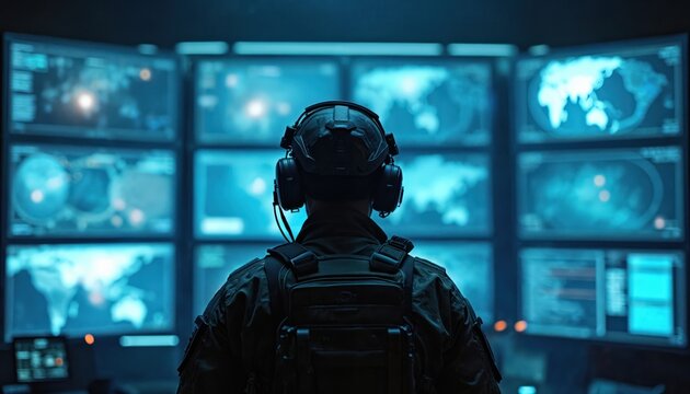 Soldier in tactical gear wearing headset watches multiple world maps on screens. Military personnel monitors global intelligence data. Future warfare operations room.