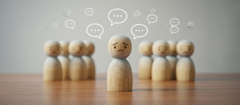 Sad wooden figure stands isolated and surrounded by speech bubbles, representing gossip and criticism from a blurred group of other wooden figures observing in the background