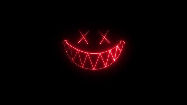 Red neon glow smile animation with sharp teeth and X eyes on a dark background, halloween, horror, creepy, gamer streaming, or dark entertainment