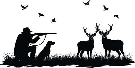 Fototapeta premium Hunter silhouette aiming rifle with dog facing deer wildlife scene isolated on white background flat vector illustration concept