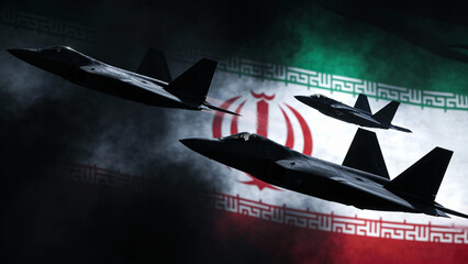 Military Fighter Jets Flying in Formation Against the Iranian Flag with Smoke Clouds