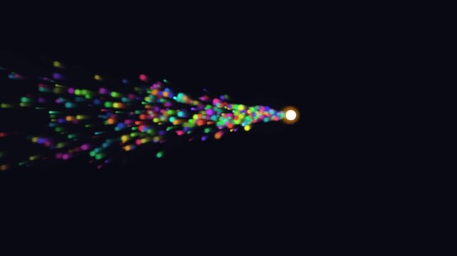 Abstract Animation of Glowing Orange Orb Creating Vibrant, Multi Colored Particle Trail. Magical Stream of Light Flows Across Dark Background, Representing Energy, Data, or Fantasy