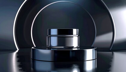 Sleek, reflective jar sits on pedestal against a metallic, circular backdrop