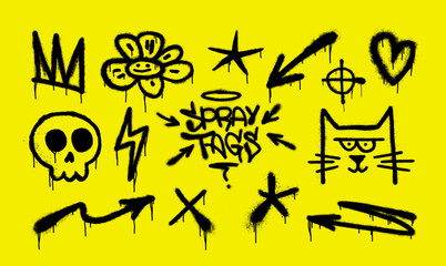 Graffiti Spray Tag Doodle Set on Bright Yellow Background. Acid graffiti spray doodles and tags with dripping paint and splashes. Includes crown, skull, cat, arrows, heart, stars, symbols. Vector set © SergeyBitos