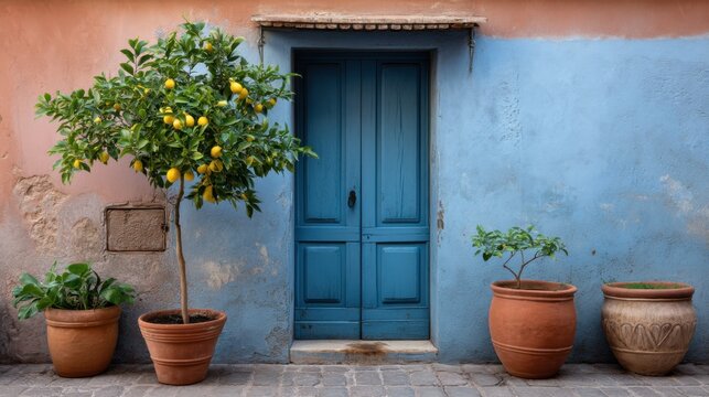 A house with a blue door and a lemon tree in Italy