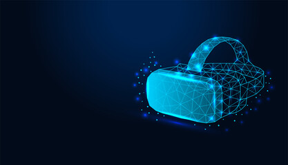 Low poly wireframe virtual reality headset on dark blue background.