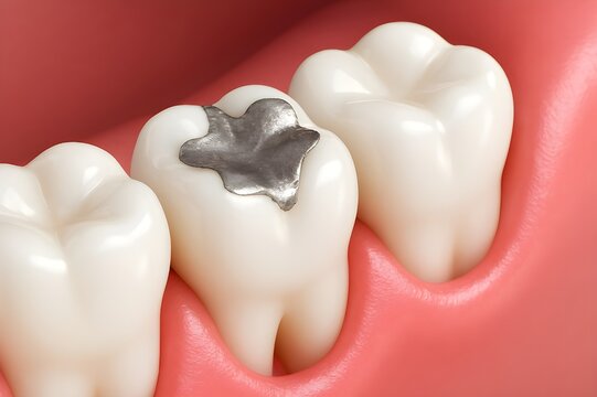 Dental Amalgam Silver Filling on Molar Tooth in Human Jaw 3D Illustration