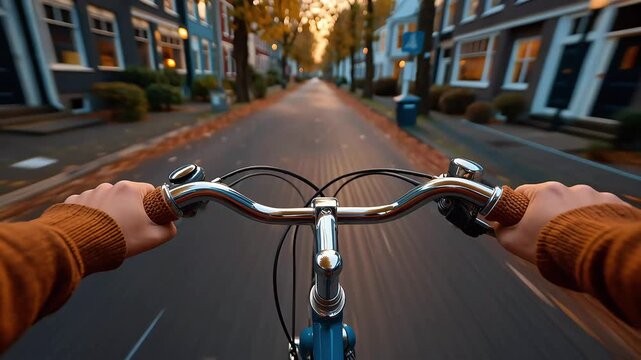 Riding a bicycle down a city street, first person view