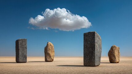 Stone structures stand on dry ground beneath an open sky with a single cloud above, illustrating a cloud computing concept.