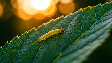 A tiny, bright yellow-green caterpillar with a reddish-brown head crawls slowly along the serrated edge of a deeply textured, vibrant green leaf during golden hour.