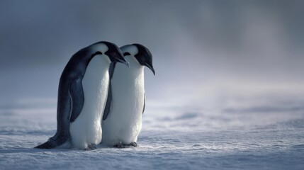 two penguins standing on the snow