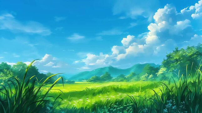 A breathtaking landscape of a lush green meadow under a bright blue sky with fluffy clouds. The scene evokes a sense of peace and tranquility, perfect for appreciating the beauty of nature