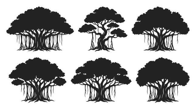 Banyan tree silhouette vector set isolated on white background. Black ficus plant collection with lush foliage and hanging aerial roots in detailed stencil style for horror or mystery theme.