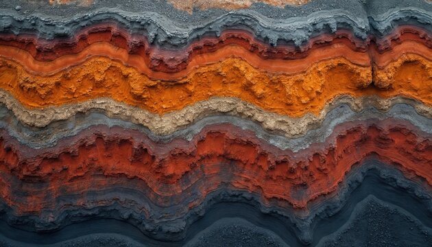 Stratified layers of colorful earth show geological formation. Rich mineral deposits create vibrant orange red and grey textures. Natural abstract background texture displays geological strata.