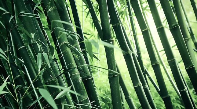 A close-up view of a dense bamboo forest with vibrant green colors