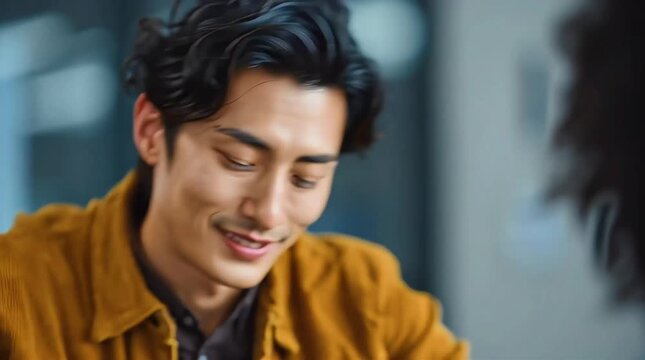 A man with a captivating look while wearing a mustard color jacket, and a pleasing expression on his face