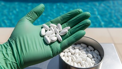 Green gloved hand holding white pills over a container of pills near a pool