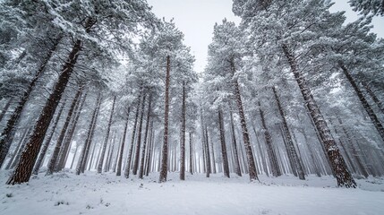 A serene snow-covered forest where tall trees create a peaceful winter landscape. The ground is blanketed with snow, enhancing the scene's natural beauty, heightening the winter atmosphere.