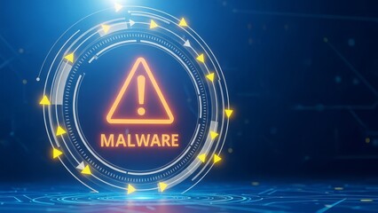 Glowing orange malware warning sign with exclamation mark on dark blue background with yellow arrows with cybersecurity and virus and threat and online with protection