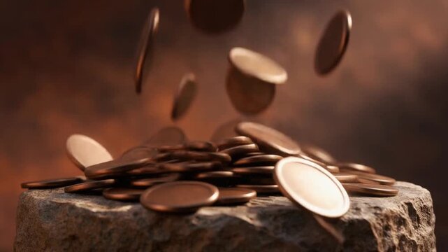 Vintage metal currency pieces arranged artistically on weathered rock under soft golden illumination highlighting texture and patina details