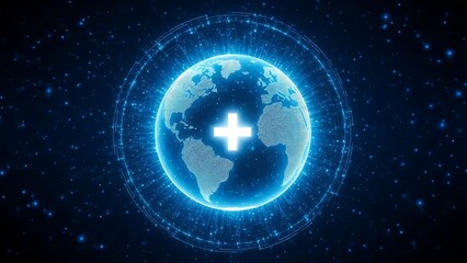 Glowing blue digital globe with medical cross symbol in space