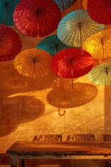 Colorful umbrellas hanging in warm light