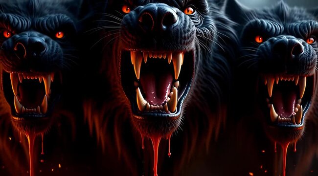 Terrifying Three-Headed Monster Creature with Glowing Eyes and Dripping Blood