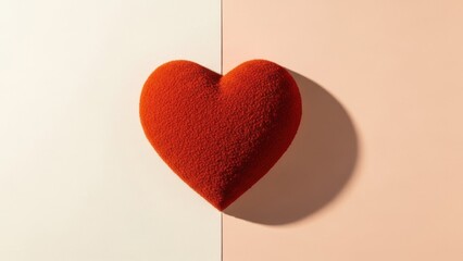 Soft red heart shaped pillow on pastel background