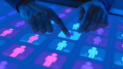Hands interacting with colorful human icons on digital screen, representing technology and social connection