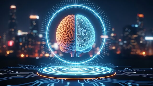 Digital brain with half human half circuit on futuristic city background - Powered by Adobe