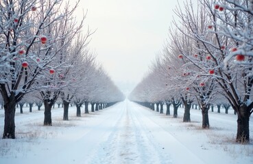 Orchard covered in snow features rows of bare trees with red apples. Winter scene with path between apple trees. Season cold snowy landscape with fruit on branches.