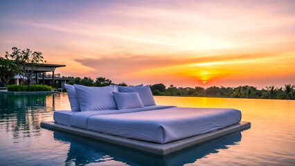 Luxury floating bed in an infinity pool at tropical resort during golden sunset