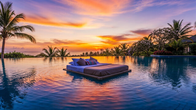 Luxury floating bed in an infinity pool at tropical resort during golden sunset - Powered by Adobe
