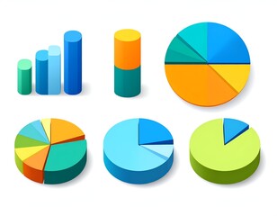 Colorful 3D bar graphs and pie charts representing data analysis