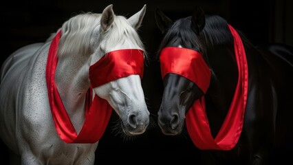 Majestic white and black horses with elegant red ribbons