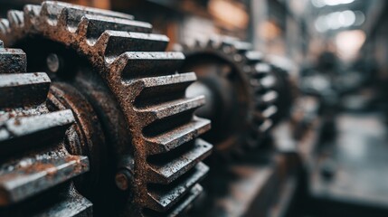 Close-up of old, rusted gears showcases industrial decay and mechanical intricacy. The corroded metal and worn teeth tell a story of time, neglect, and forgotten machinery.
