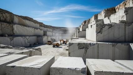 Expansive marble quarry with heavy machinery and a brilliant blue sky overhead showing large stone