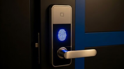 Closeup of a blue and black door with a fingerprint scanner lock and handle